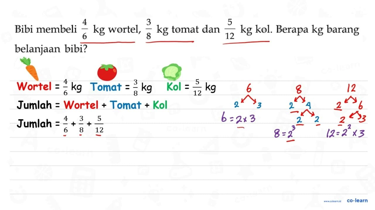 Bibi membeli 4/6 kg wortel, 3/8 kg tomat dan 5/12 kg kol.