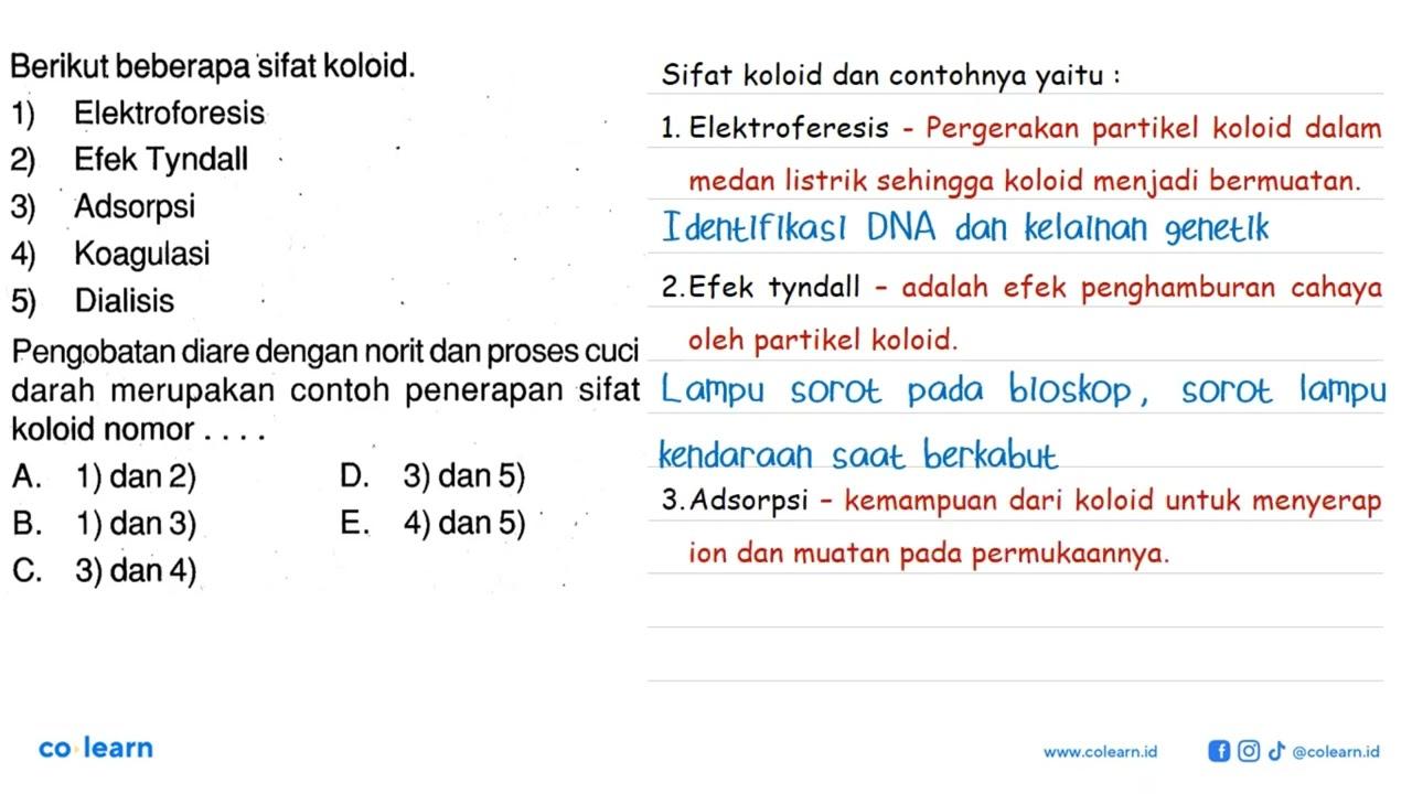 Berikut beberapa sifat koloid.1) Elektroforesis2) Efek