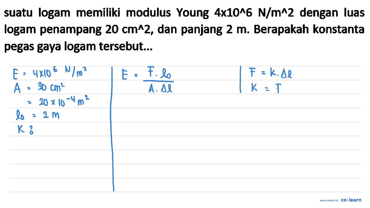 suatu logam memiliki modulus Young 4 x 10^(^) 6 N / m^(^) 2