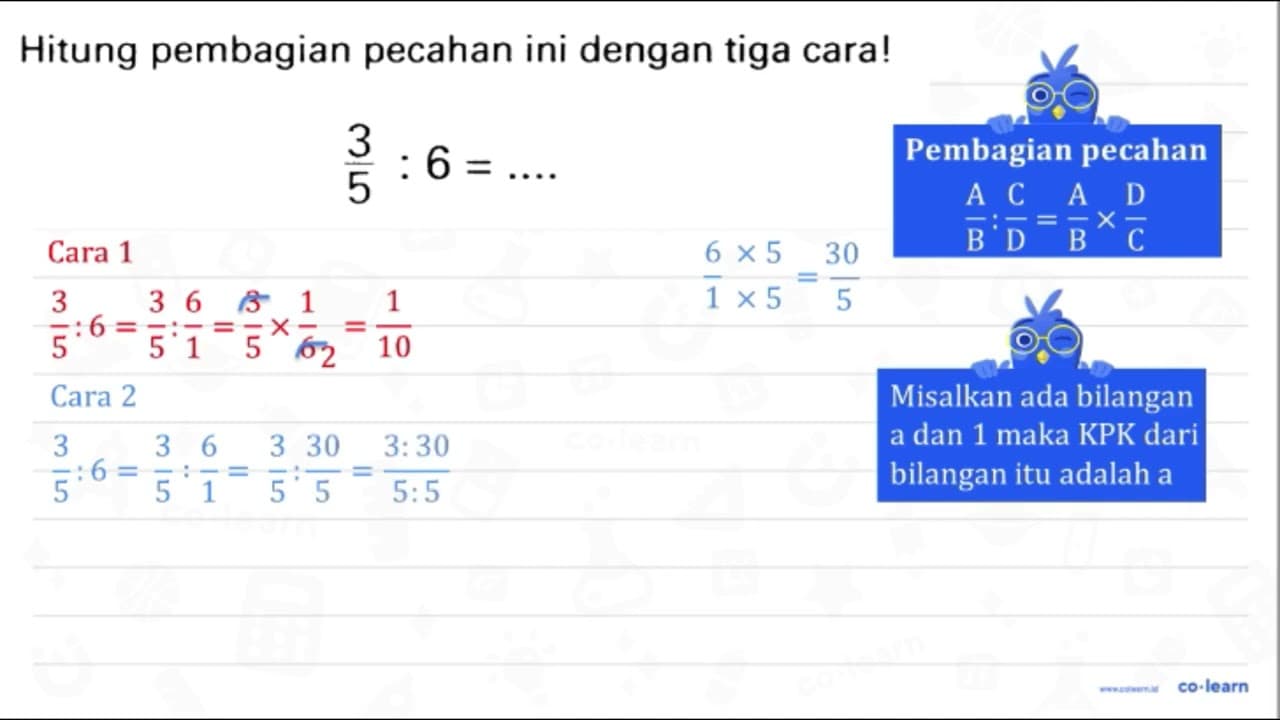 Hitung pembagian pecahan ini dengan tiga cara! (3)/(5):