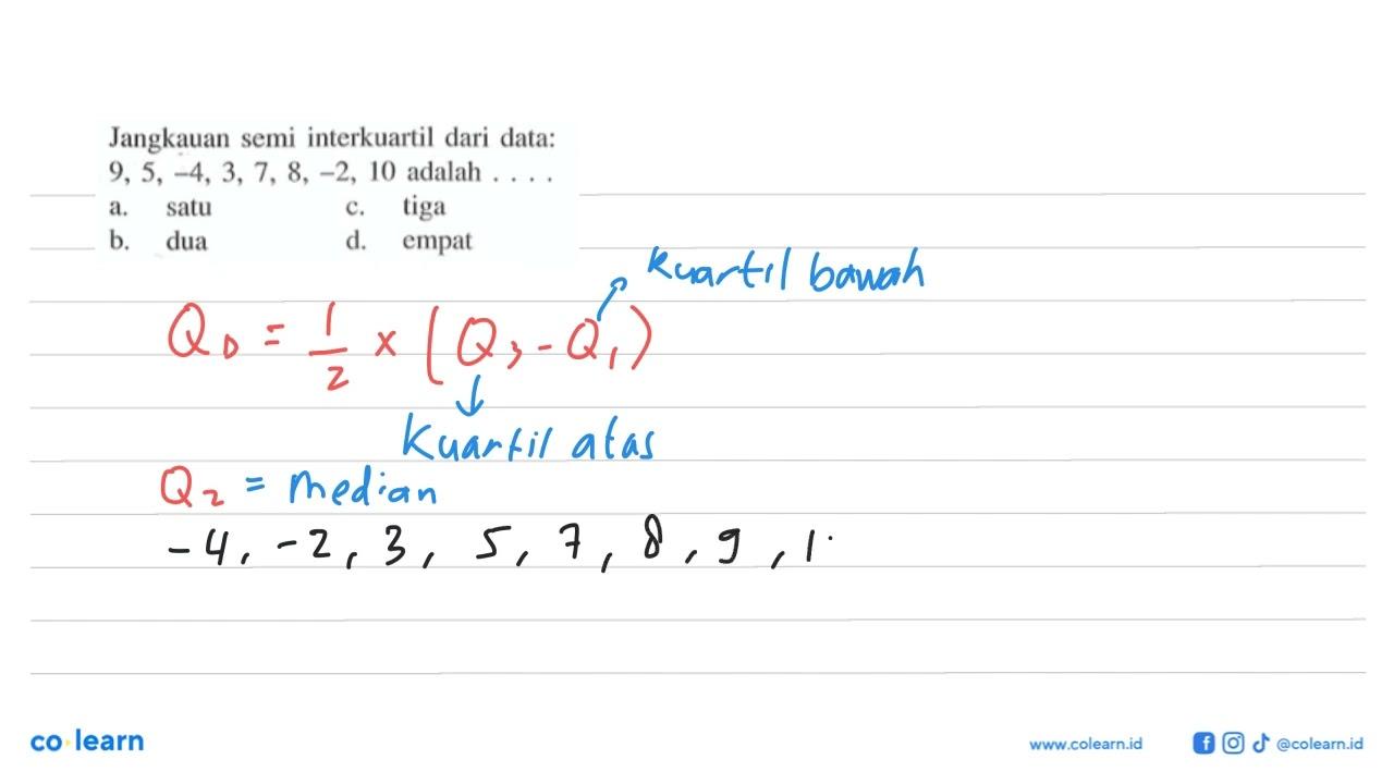 Jangkauan semi interkuartil dari data: 9,5, -4,3,7, 8 2, 10