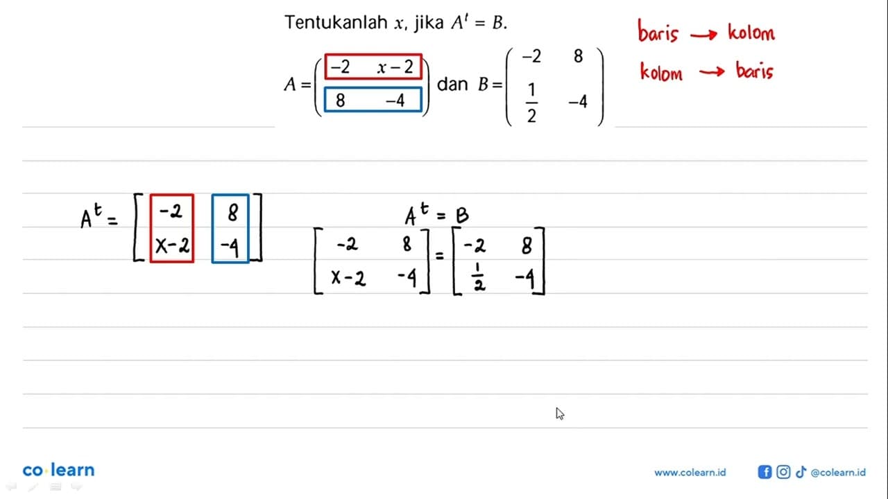 Tentukanlah x, jika A'=B. A=(-2 x-2 8 -4) dan B=(-2 8 1/2