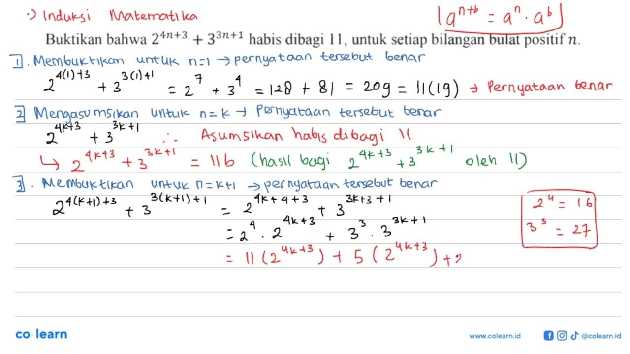 Buktikan bahwa 2^(4n+3) + 3^(3n+1) habis dibagi 11, untuk