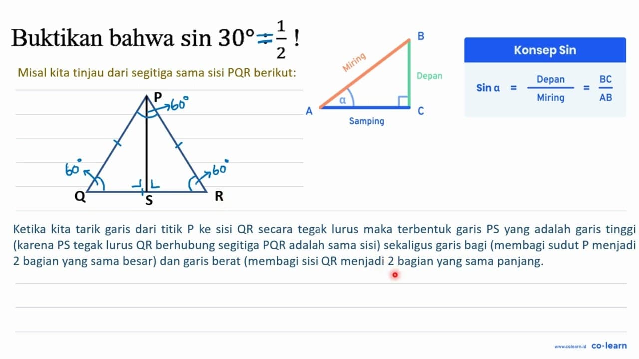 Buktikan bahwa sin 30 : 1/2!