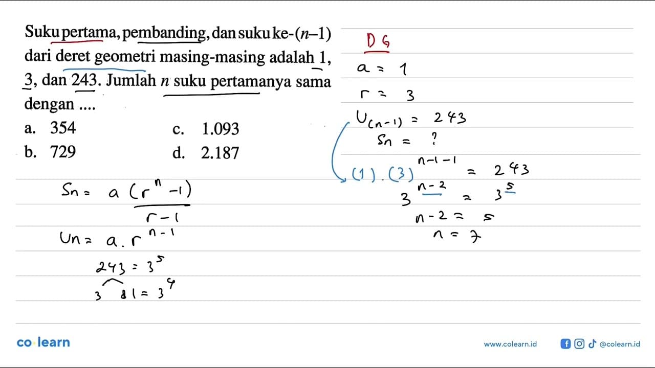 Suku pertama, pembanding, dan suku ke-(n - 1) dari deret