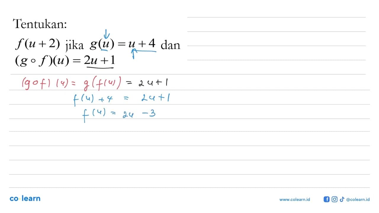 Tentukan:f(u+2) jika g(u)=u+4 dan (g o f)(u)=2u+1