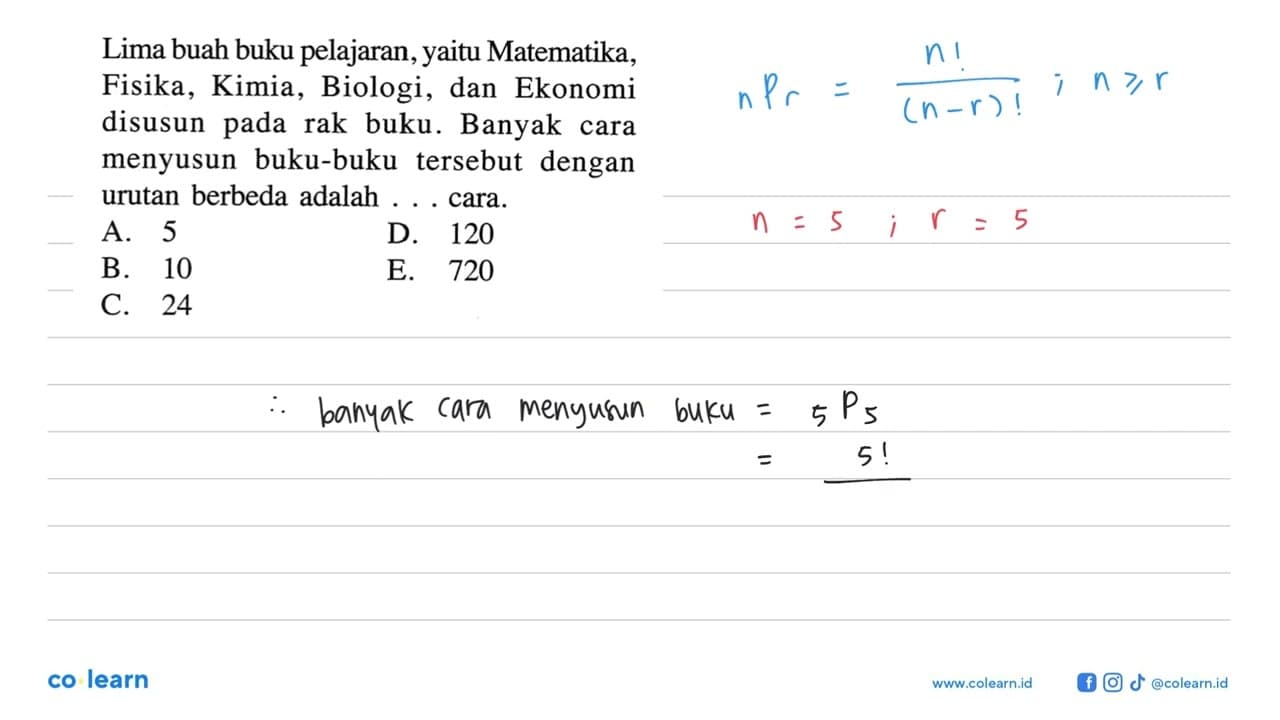 Lima buah buku pelajaran, yaitu Matematika, Fisika, Kimia,