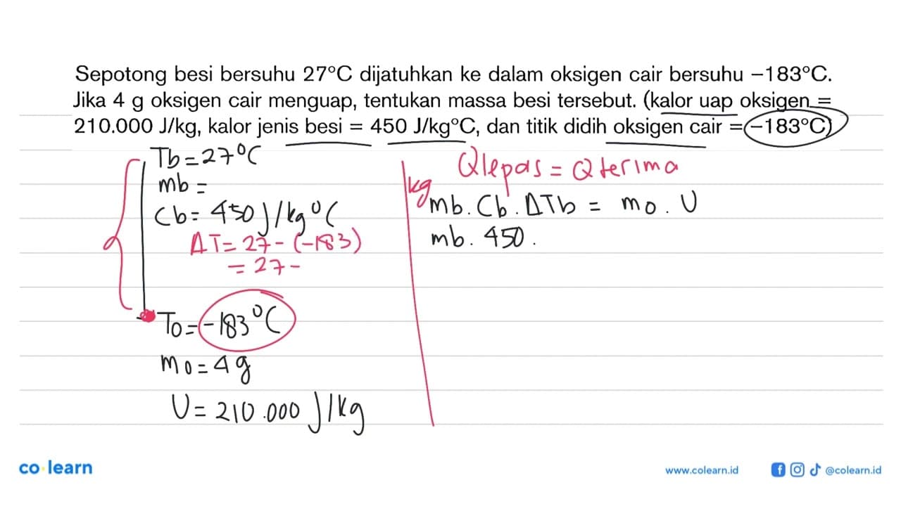 Sepotong besi bersuhu 27 C dijatuhkan ke dalam oksigen cair