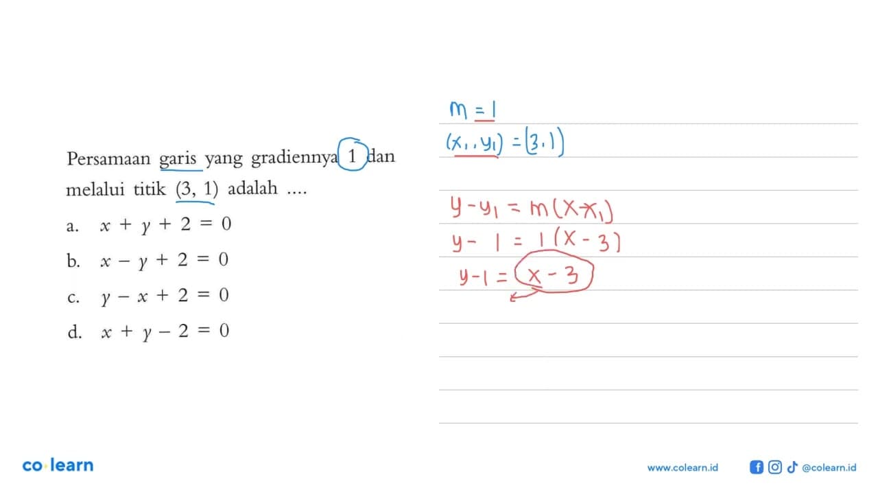 Persamaan yang gradiennya 1 dan garis melalui titik (3, 1)