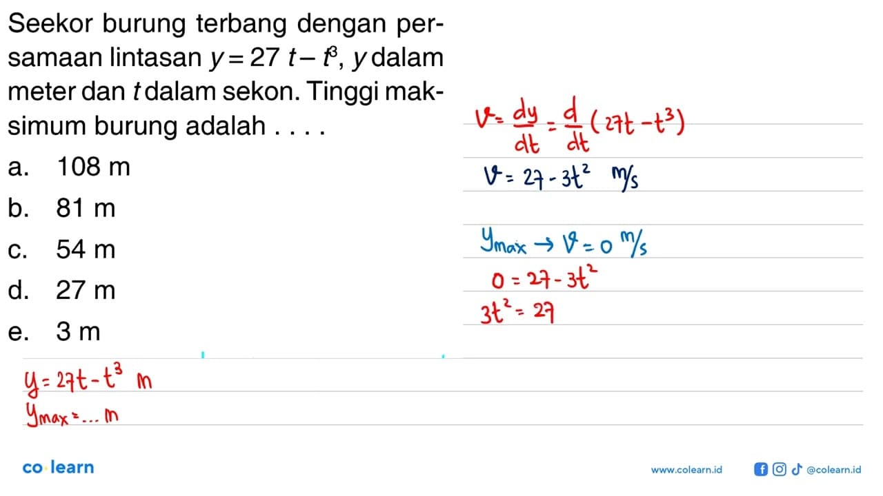 Seekor burung terbang dengan per- samaan lintasan y = 27 t