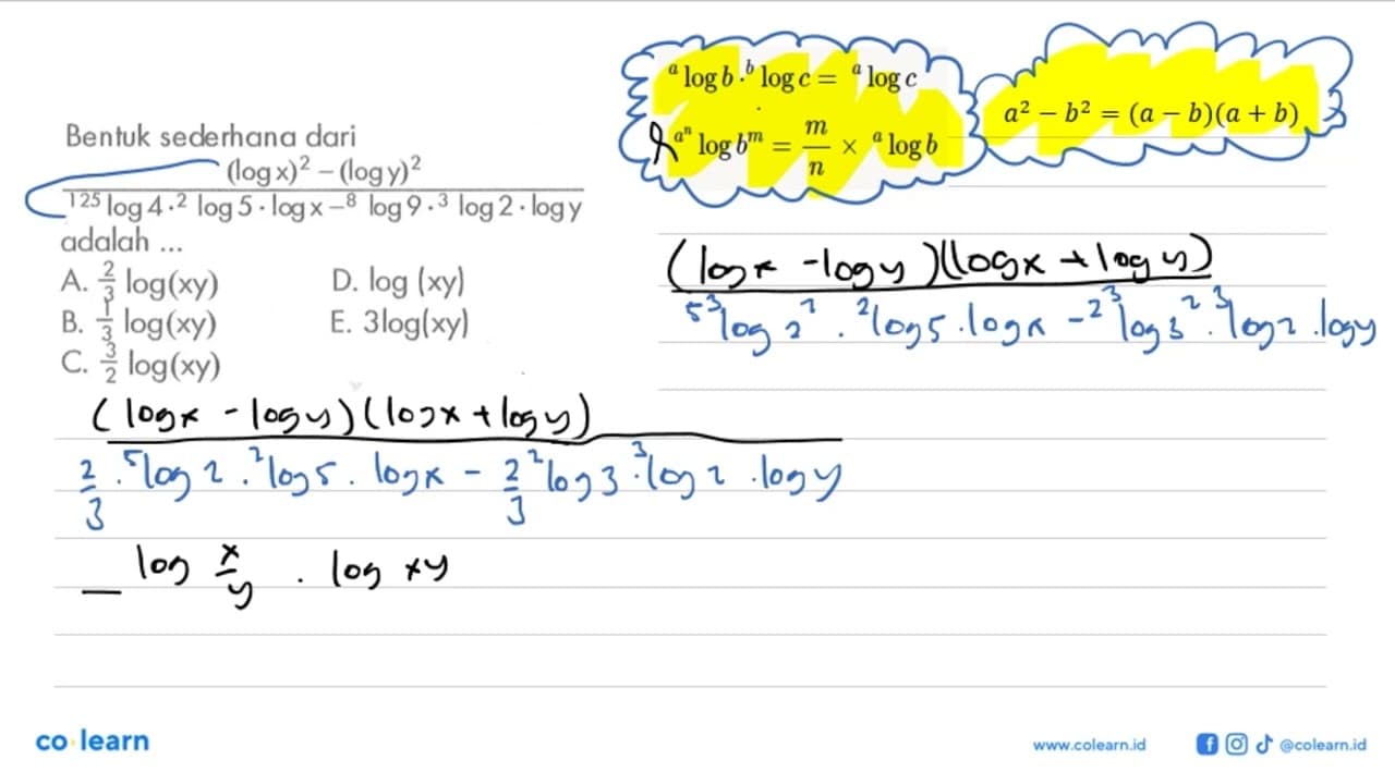 Bentuk sederhana dari ((log x)^2 - (log y))^2 /(125log4.