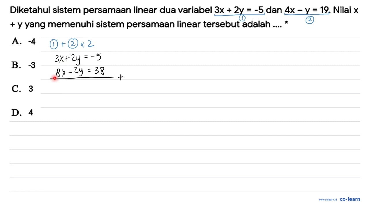 Diketahui sistem persamaan linear dua variabel 3x + 2y=-5