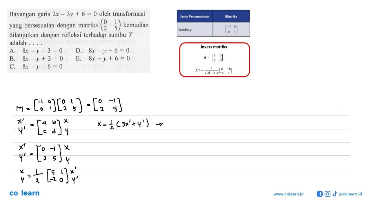 Bayangan garis 2x-3y+6=0 oleh transformasiyang bersesuaian