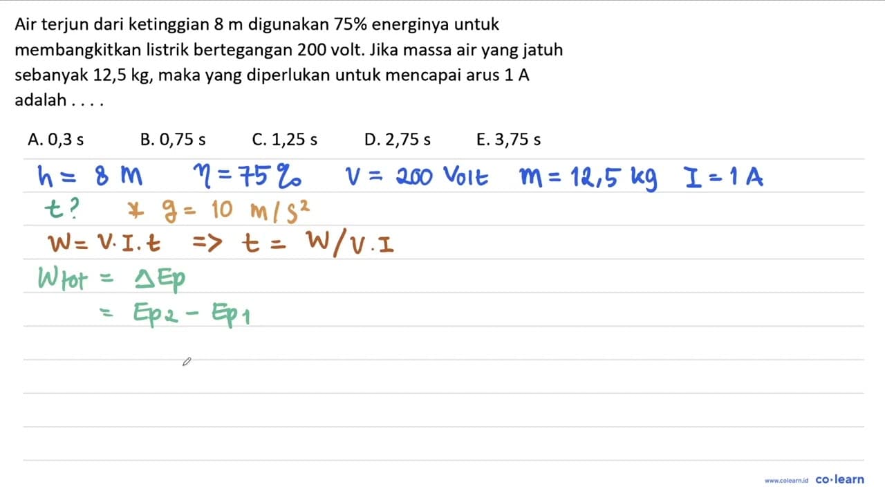 Air terjun dari ketinggian 8 m digunakan 75 % energinya