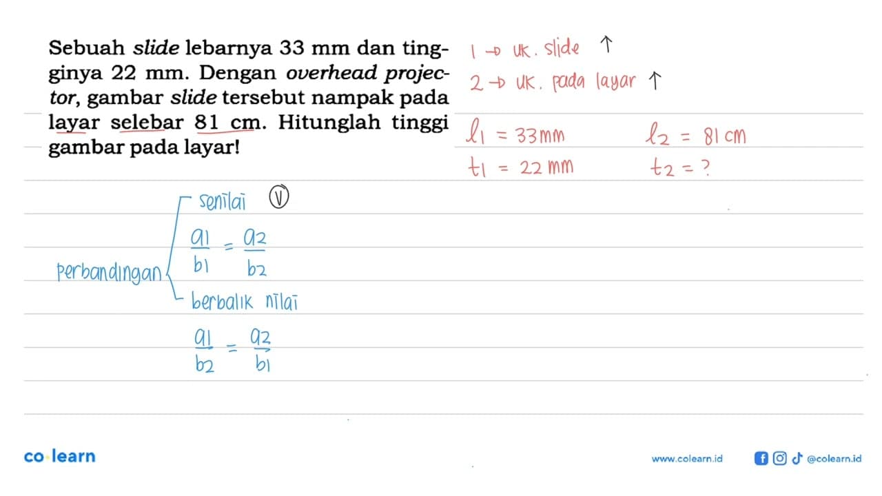 Sebuah slide lebarnya 33 mm dan tingginya 22 mm. Dengan