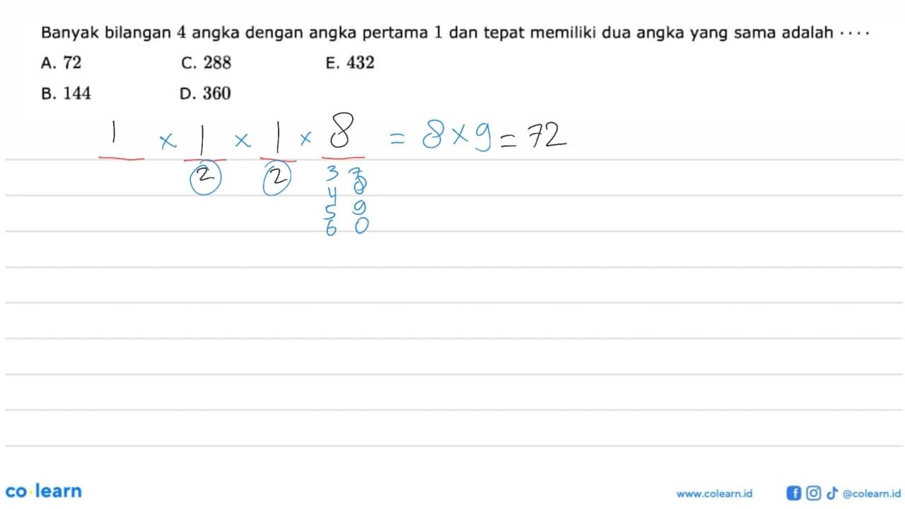 Banyak bilangan 4 angka dengan angka pertama 1 dan tepat