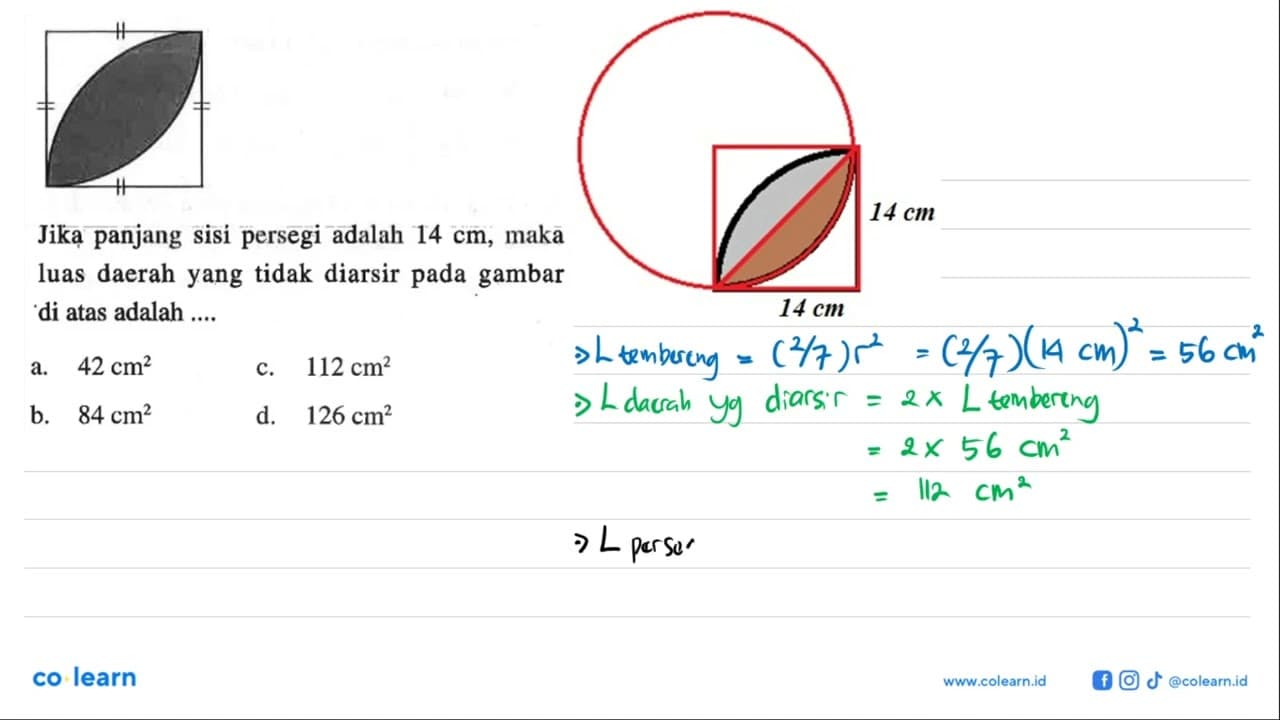 Jika panjang sisi persegi adalah 14 cm, maka luas daerah