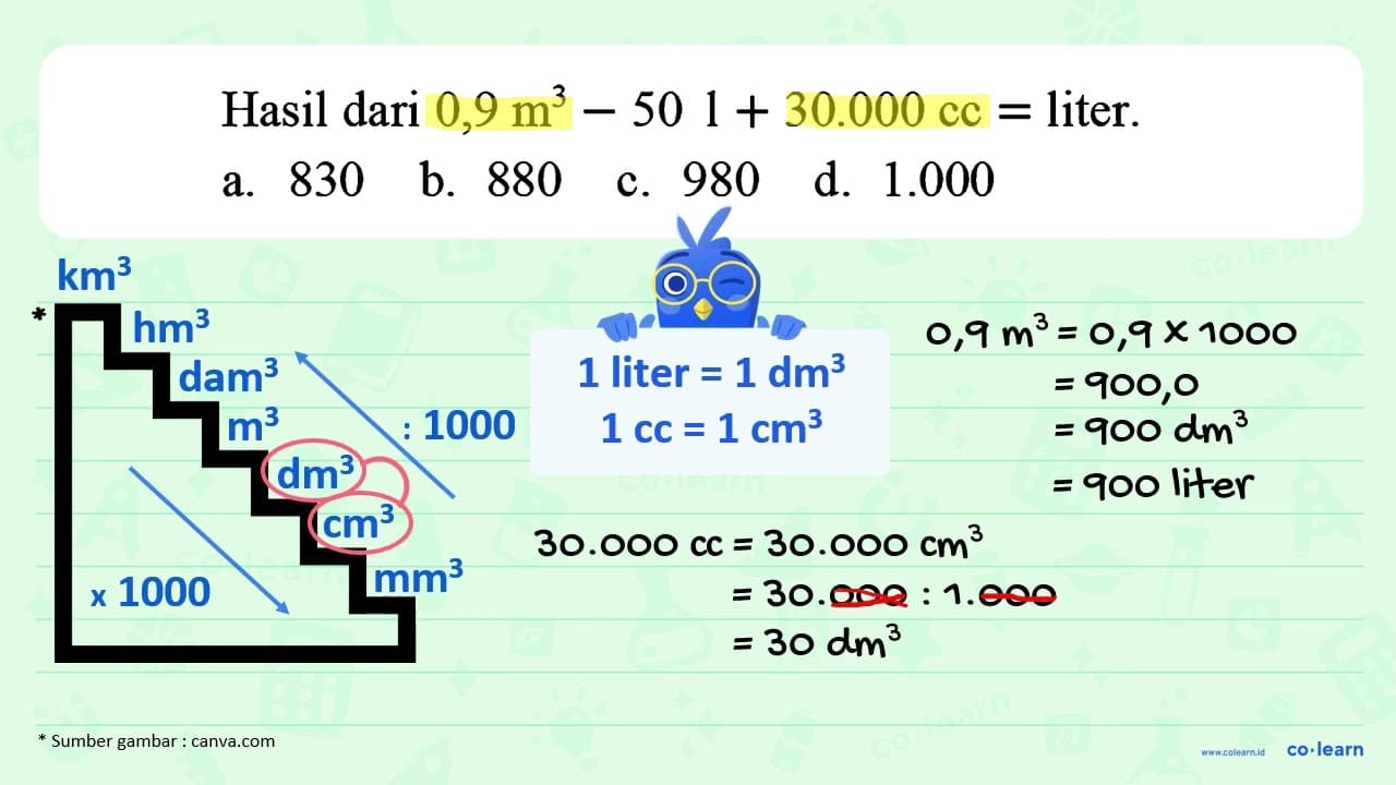 Hasil dari 0,9 m^3 - 501 + 30.000 cc= liter.