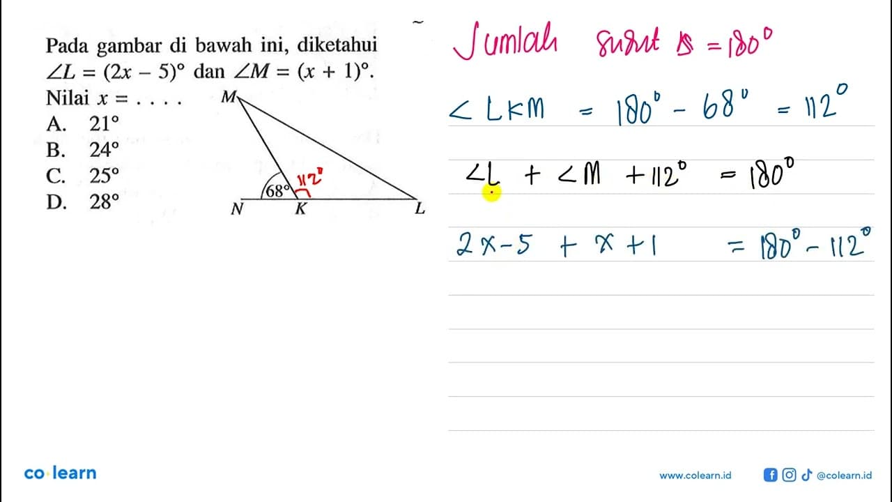 Pada gambar di bawah ini, diketahui sudut L=(2x-5) dan