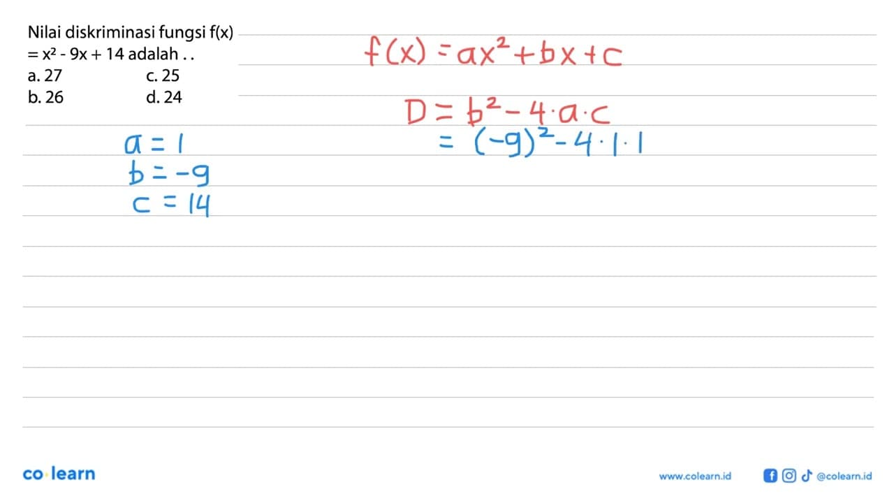 Nilai diskriminasi fungsi f(x) =x^2-9 x+14 adalah . .