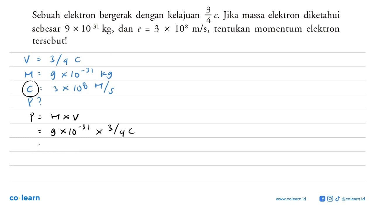 Sebuah elektron bergerak dengan kelajuan 3/4 c . Jika massa