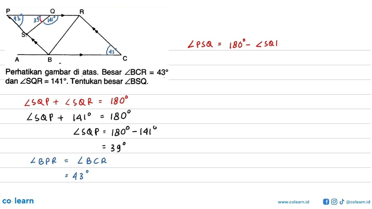 Perhatikan gambar di atas. Besar sudut BCR=43 dan sudut