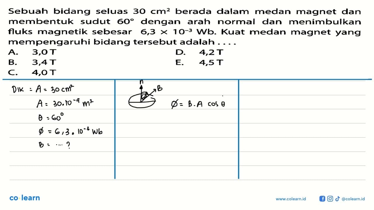 Sebuah bidang seluas 30 cm^2 berada dalam medan magnet dan