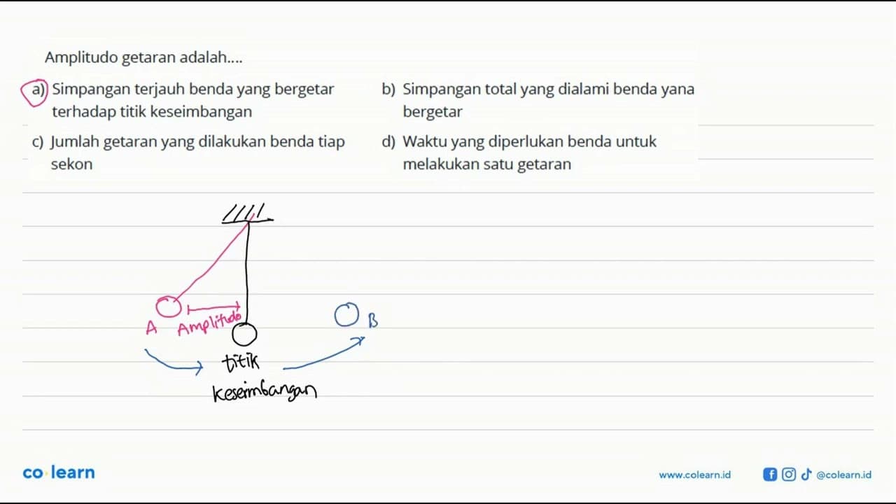 Amplitudo getaran adalah....a) Simpangan terjauh benda yang