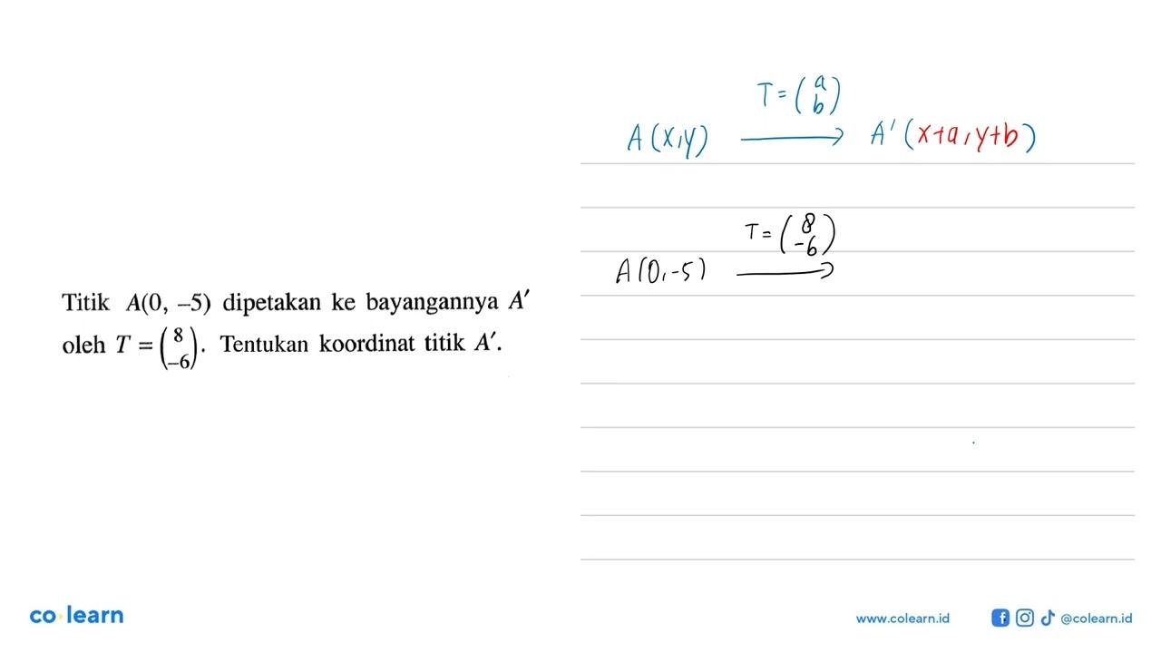 Titik A(0, -5) dipetakan ke bayangannya A' oleh T=(8 -6).