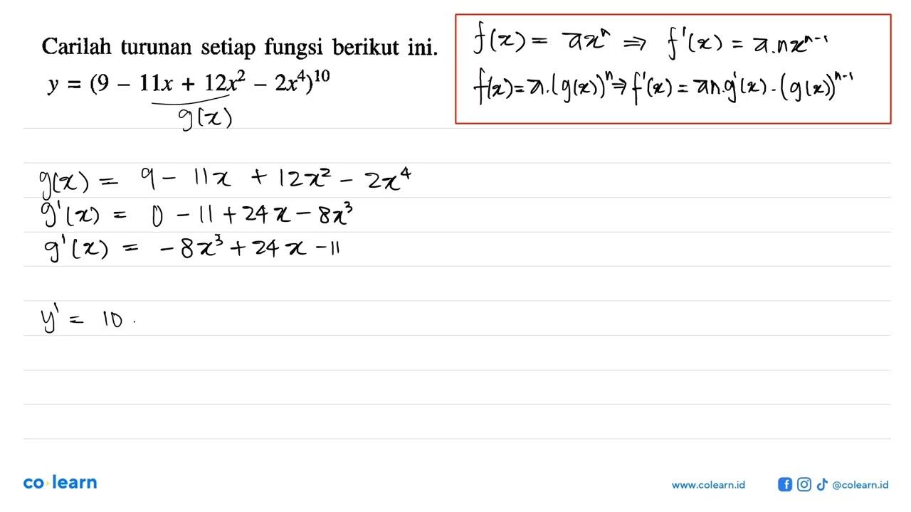 Carilah turunan setiap fungsi berikut