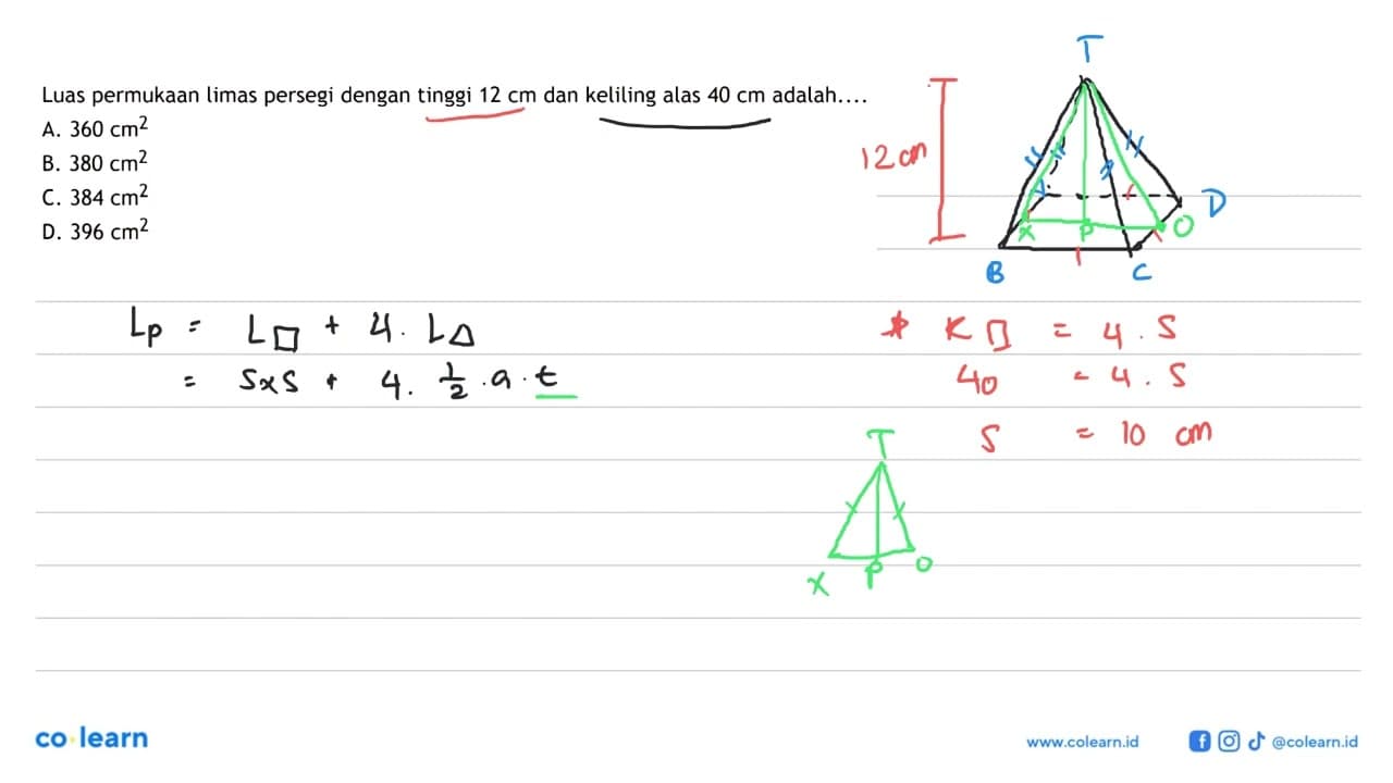 Luas permukaan limas persegi dengan tinggi 12 cm dan
