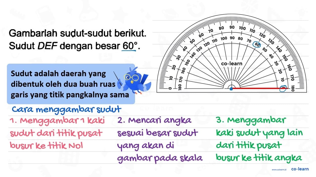 Gambarlah sudut-sudut berikut. Sudut D E F dengan besar 60