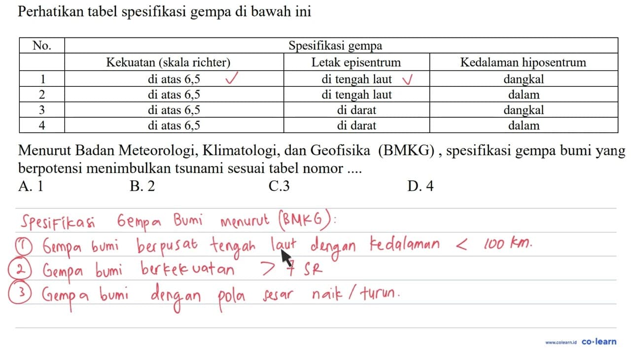 Perhatikan tabel spesifikasi gempa di bawah ini No.