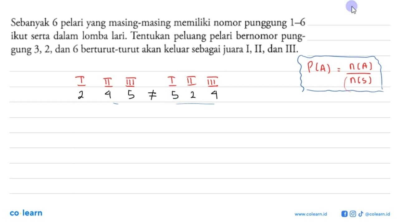 Sebanyak 6 pelari yang masing-masing memiliki nomor