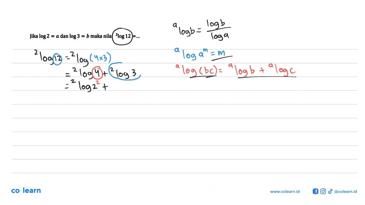 Jika log2=a dan log3=b maka nilai 2log12=...