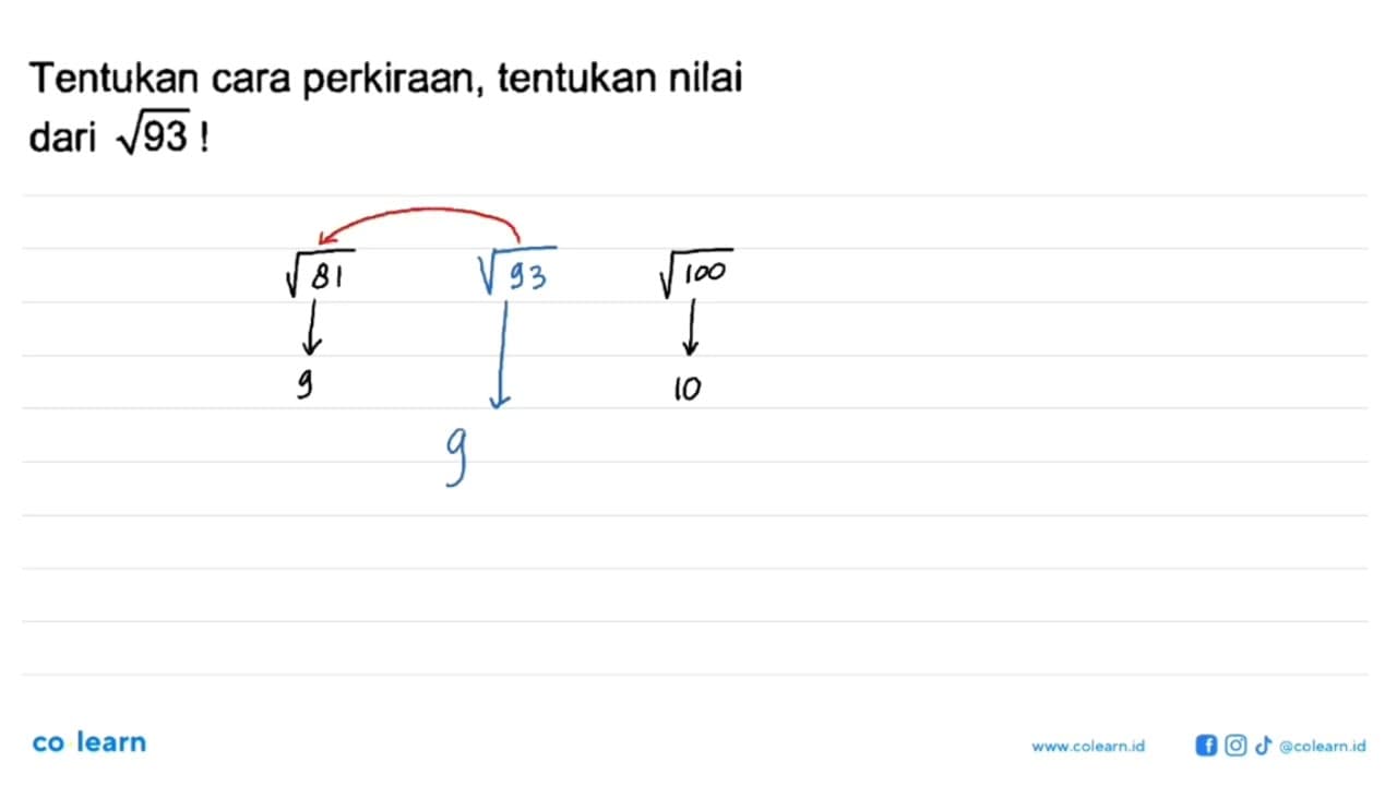 Tentukan cara perkiraan, tentukan nilai dari akar(93)!