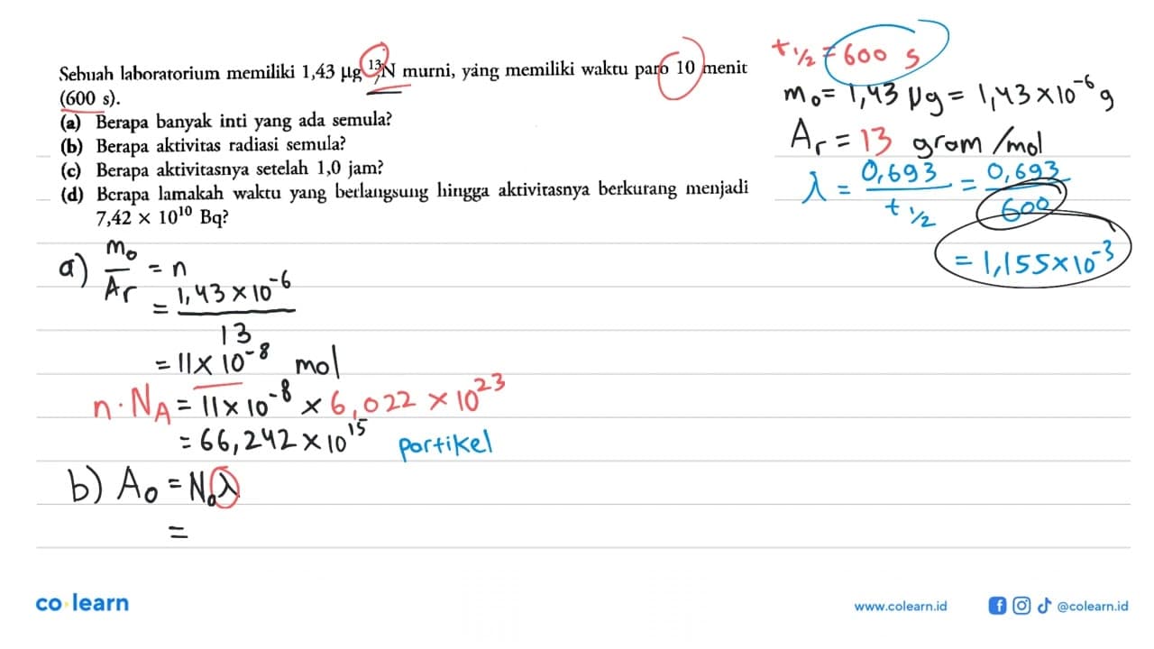 Sehuah laboratorium memiliki 1,43 mu g 13 7 N murni, yang