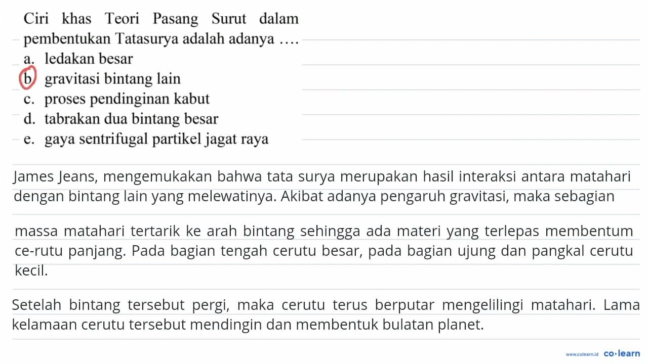 Ciri khas Teori Pasang Surut dalam pembentukan Tatasurya