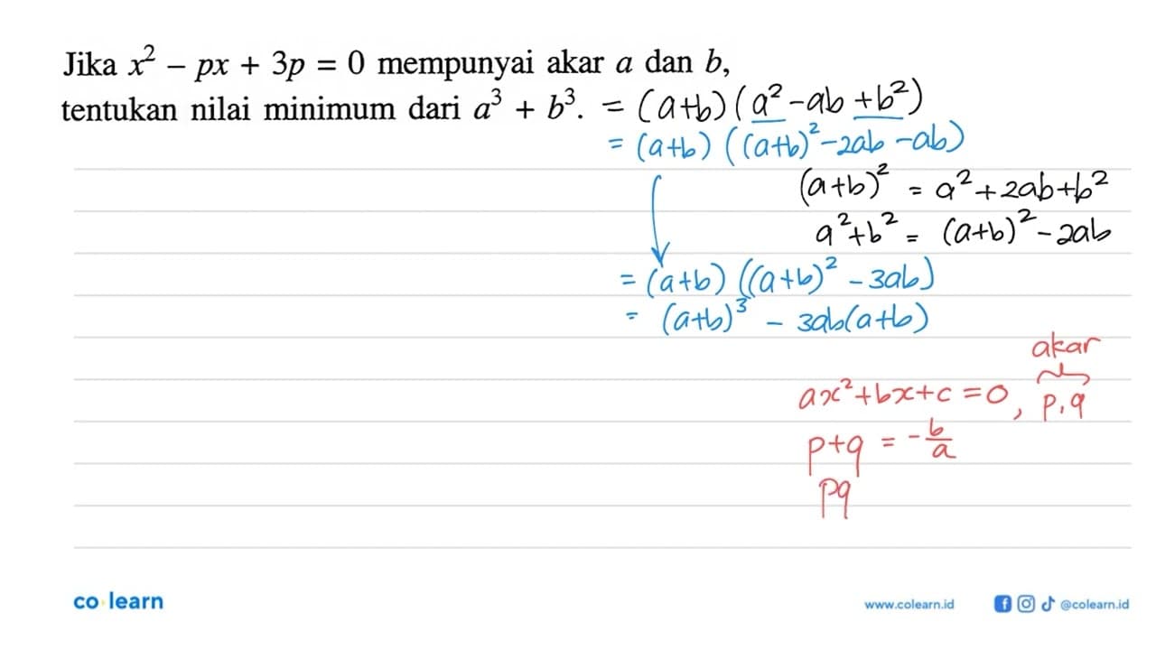 Jika x^2-px+3p=0 mempunyai akar a dan b, tentukan nilai