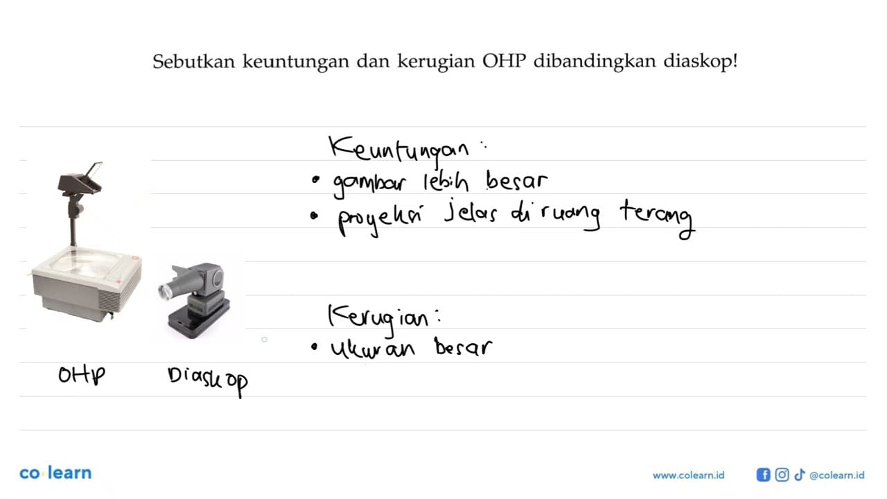 Sebutkan keuntungan dan kerugian OHP dibandingkan diaskop!