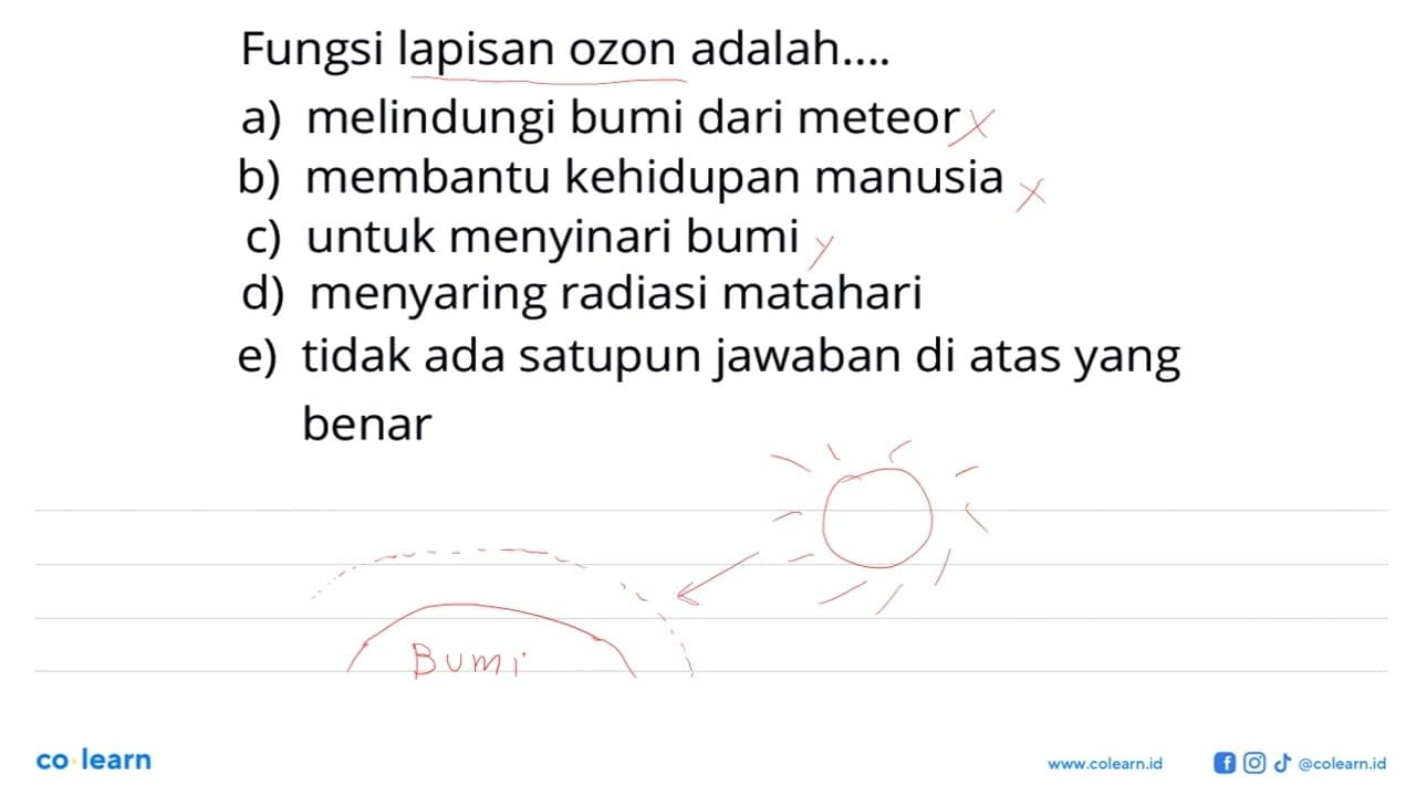 Fungsi lapisan ozon adalah....a) melindungi bumi dari