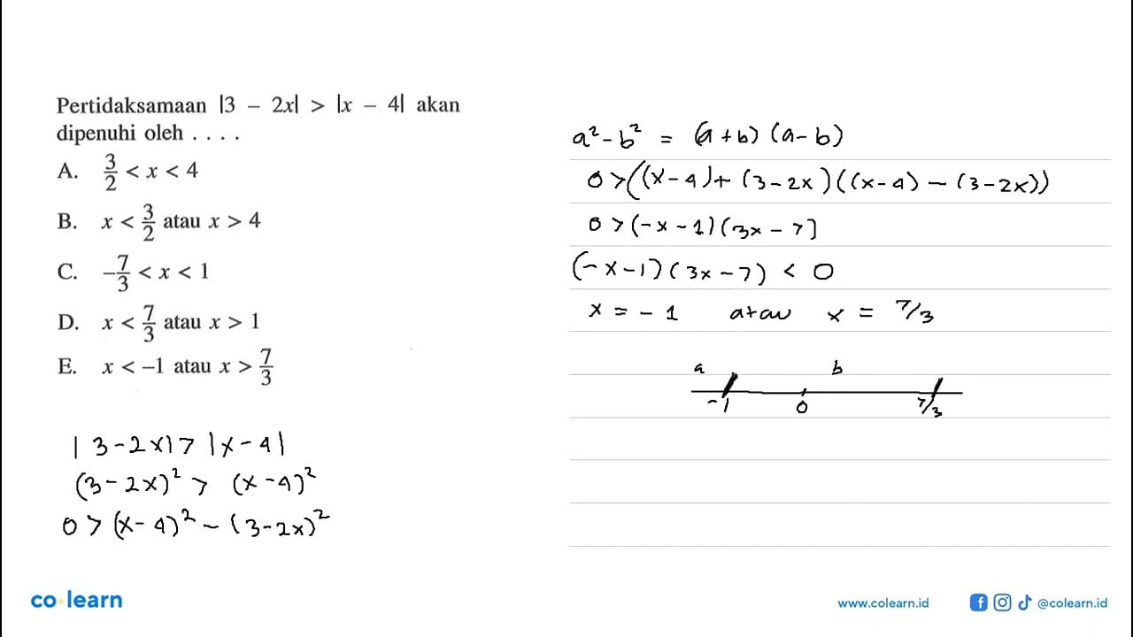 Pertidaksamaan |3-2x|>|x-4| akan dipenuhi oleh ...