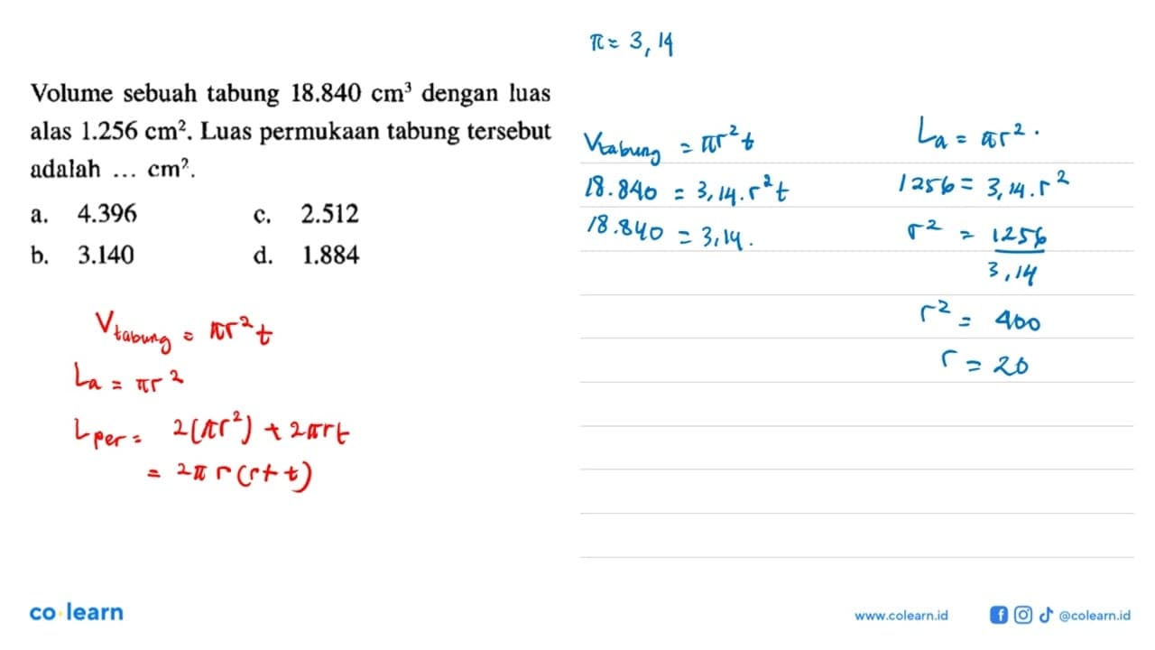 Volume sebuah tabung 18.840 cm^3 dengan luas alas 1.256