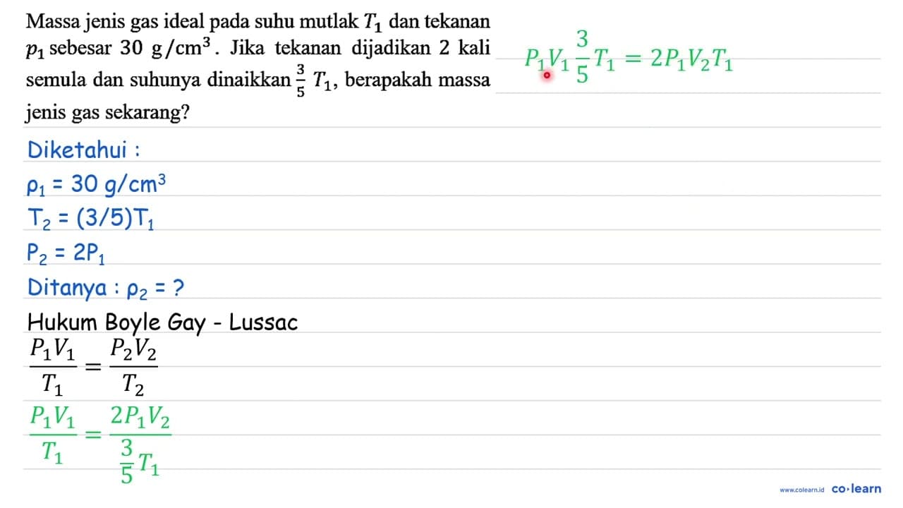 Massa jenis gas ideal pada suhu mutlak T1 dan tekanan p1