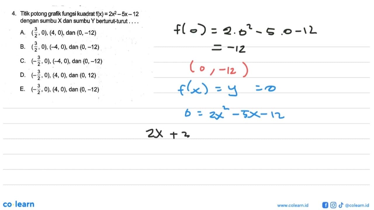 Titik potong grafik fungsi kuadrat f(x)=2x^2-5x-12 dengan