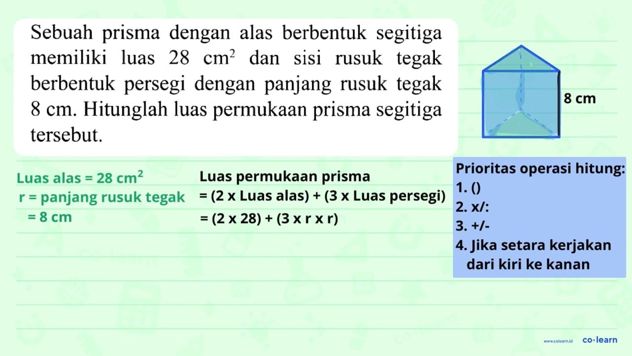 Sebuah prisma dengan alas berbentuk segitiga memiliki luas