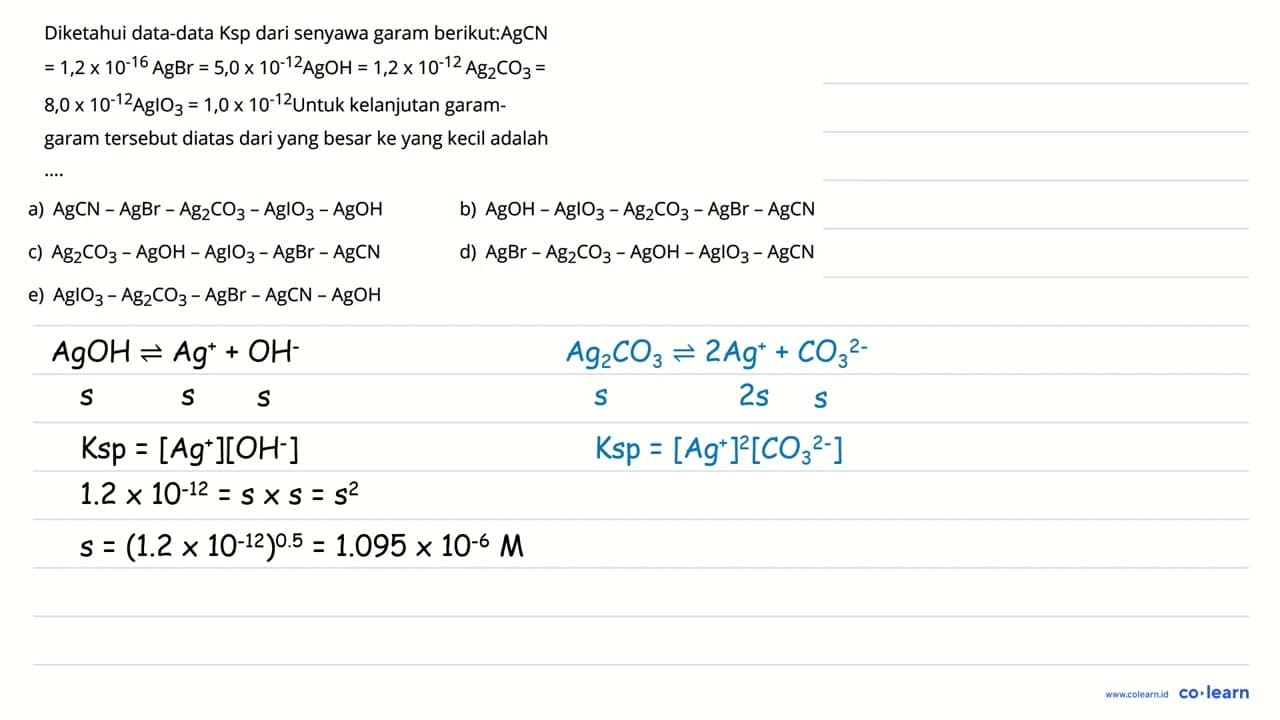 Diketahui data-data Ksp dari senyawa garam berikut:AgCN