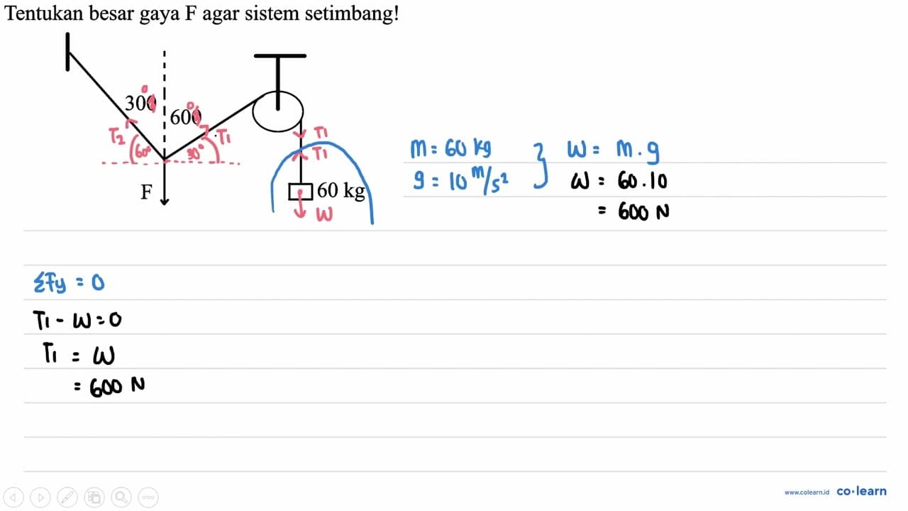 Tentukan besar gaya F agar sistem setimbang!