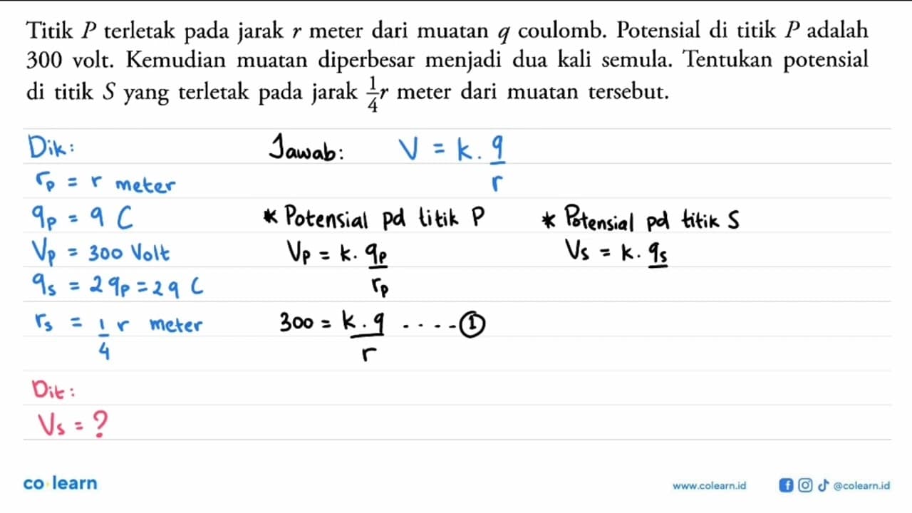 Titik P terletak pada jarak r meter dari muatan q coulomb.