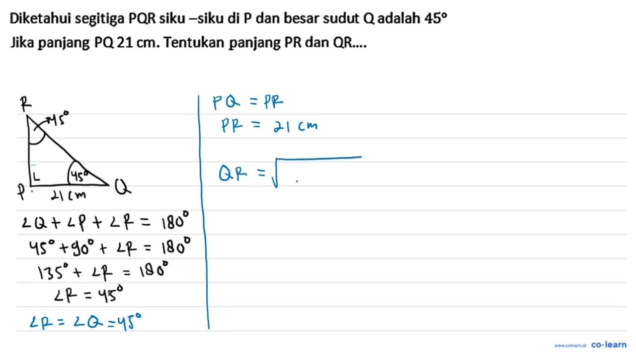 Diketahui segitiga PQR siku -siku di P dan besar sudut Q